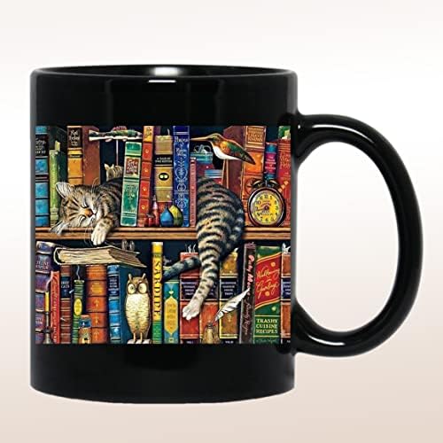 Cat Library Bookshelf Kahve Kupası, Kitap Severler, Siyah, 11 oz