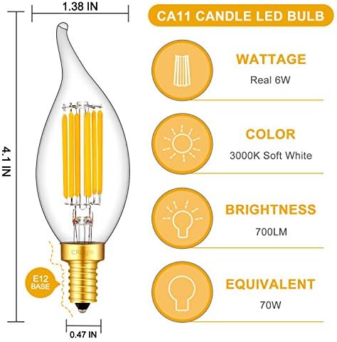 CRLight 6W LED Şamdan Ampul 3000K Yumuşak Beyaz, 70W Eşdeğer 700LM, E12 Taban Kısılabilir LED Avize Ampuller, Vintage