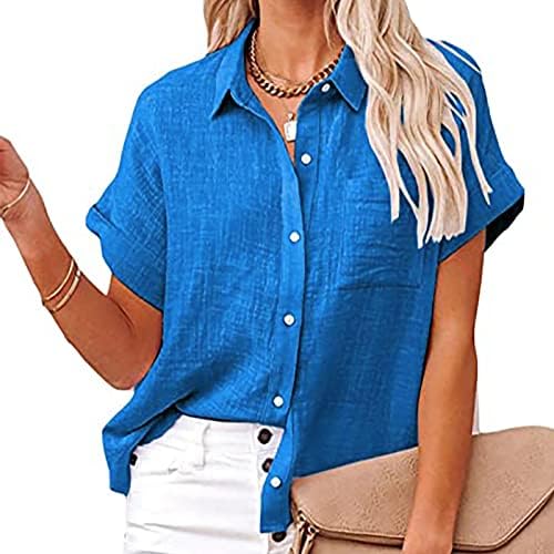 Kadın Kısa Kollu Keten Pamuk Derin V Balıkçı Yaka Boyun Düğme Aşağı Yukarı Düz Bluz T Shirt Bluz Kızlar için 6N