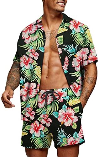 LUJENGEFA Erkek 2 Adet havai gömleği ve Şort Setleri Çiçek Tropikal Baskı Düğme Aşağı Kıyafet Takım Elbise Plaj Tatil