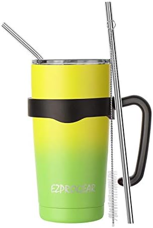 Ezprogear 20 oz Paslanmaz Çelik Yalıtımlı kahve bardağı Kamp kulplu ve kapaklı kupa (NeonYellow / Limon Yeşili)