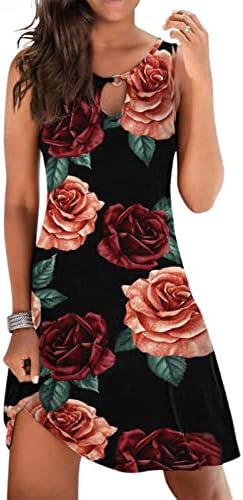 Elbise Kısa Kollu, Kadınlar için Elbiseler Rahat Yaz Çiçek Baskılı Tank Kolsuz Elbise Hollow Out Gevşek Plaj Elbise