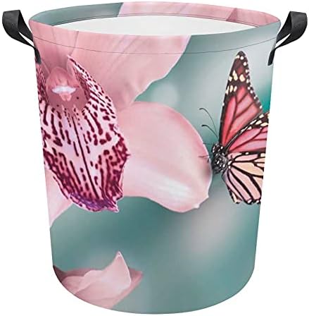 FoDuoDuo çamaşır sepeti Pembe Çiçek Kelebek çamaşır sepeti Kolları İle Katlanabilir Sepet Kirli giysi saklama Çantası