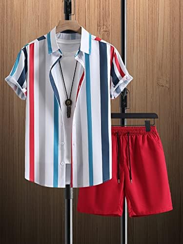 Erkekler için LUBOSE İki parçalı Kıyafetler Erkekler Çizgili Gömlek ve İpli Bel Şort Tee Olmadan (Renk: Çok renkli,