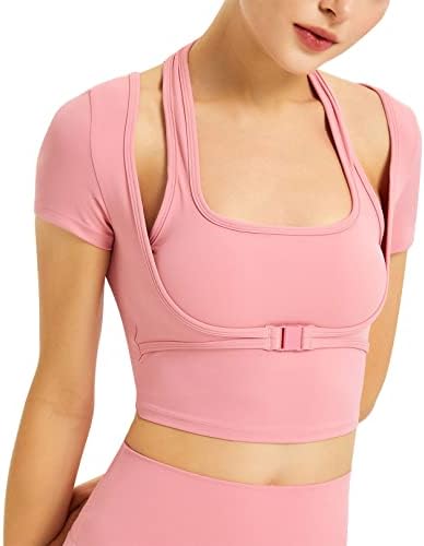 Flygo Yoga Gömlek Sutyen Kesme Yastıklı Kırpma Üstleri Uzun Kollu Spor T Shirt Kadınlar için Egzersiz